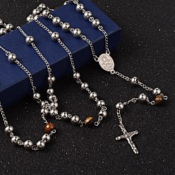 Coconut Brown Crucifix Cross 304 Stainless Steel Rosary Bead Necklaces, For Easter, Coconut Brown, 42.5 inch~44.1 inch(108~112cm)