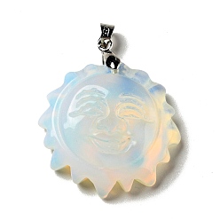 Opalite Opalite Pendants, with Platinum Tone Brass Findings, Lead Free & Cadmium Free, Sun with Smiling Face, 36x29~29.5x9.5mm, Hole: 4x5mm