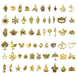 Antique Golden 60Pcs 60 Styles Tibetan Style Alloy Charms, Mixed Shapes, Antique Golden, 8~22x4~19x1~7mm, 1pc/style