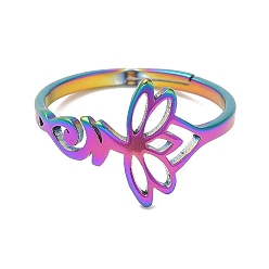 Rainbow Color Ion Plating(IP) 304 Stainless Steel Hollow Lotus Adjustable Ring for Women, Rainbow Color, Inner Diameter: 16.6mm