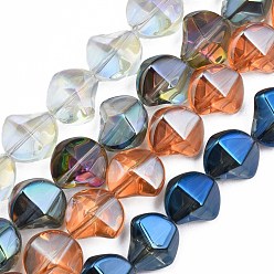 Color mezclado Electroplate transparentes cuentas de vidrio hebras, medio chapado,  torcedura, color mezclado, 13x13.5x9 mm, agujero: 1.2 mm, sobre 45 unidades / cadena, 23.23 pulgada (59 cm)