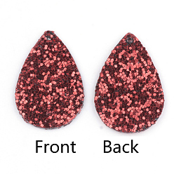 Red PU Leather Pendants, with Sequins, teardrop, Red, 39x25x2mm, Hole: 1.5mm