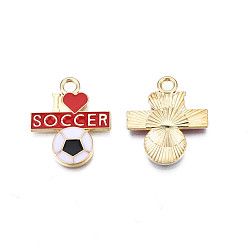 Red Alloy Enamel Pendants, Cadmium Free & Nickel Free & Lead Free, Light Gold, Football with Word I Love Soccer, Red, 25x21x2mm, Hole: 2.5mm