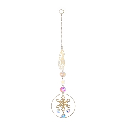 Snowflake Brass Big Pendant Decorations, Hanging Suncatchers, with Octagon Glass Beads and Iron Findings, for Home Window Decoration, Hand & Sun, Snowflake, 270mm