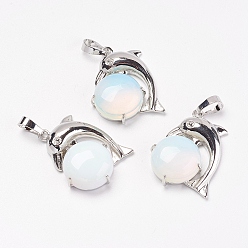 Opalite Opalite Pendants, with Brass Findings, Dolphin, Platinum, 30x23x8mm, Hole: 5x8mm