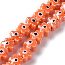 Naranja Hebras de cuentas de cerámica de porcelana hecha a mano, famille estilo rosa, estrella con mal de ojo, naranja, 10.5x11x8 mm, agujero: 3 mm, sobre 32 unidades / cadena, 11.89~12.13 pulgada (30.2~30.8 cm)