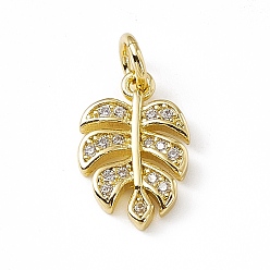 Real 18K Gold Plated Brass Micro Pave Clear Cubic Zirconia Leaf Charms, with Open Jump Rings, Real 18K Gold Plated, 13x8.2x1.5mm, Jump Ring: 4.5x0.7mm, Inner Diameter: 3mm 