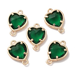 Emerald K9 Glass Connector Charms, Heart Links with Golden Tone Brass Findings, Emerald, 14x10x4.5mm, Hole: 1.2mm