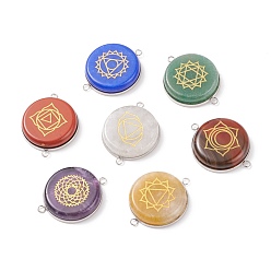 Stainless Steel Color Natural & Synthetic Mixed Stone Connector Charms, with 304 Stainless Steel Findings, Flat Round with Chakra Pattern, Mixed Dyed and Undyed, Stainless Steel Color, 26.5x33x66mm, Hole: 2mm, 7pcs/set