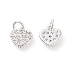 Platinum Brass Micro Pave Cubic Zirconia Charms, Heart, Clear, Platinum, 10x10x1.8mm, Hole: 3mm