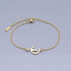 Golden 201 Stainless Steel Kitten Link Bracelets, with Lobster Claw Clasps, Crescent Moon with Cat, Golden, 6-3/4 inch~6-7/8 inch(17~17.5cm)