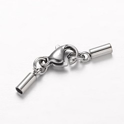 Stainless Steel Color 304 Stainless Steel Tube Cord Ends, with Lobster Claw Clasps, Stainless Steel Color, 29mm, Hole: 2mm