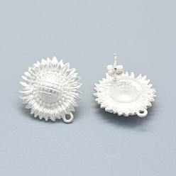 Matte Silver Color Alloy Stud Earring Findings, with Loop, Brass Pins and Ear Nuts/Earring Backs, Long-Lasting Plated, Sunflower, Matte Silver, 22x20mm, Hole: 1.5mm, Pin: 0.7mm
