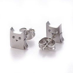 Stainless Steel Color 304 Stainless Steel Kitten Stud Earrings, Hypoallergenic Earrings, with Ear Nuts/Earring Back, Cat Silhouette, Stainless Steel Color, 7.8x6.5mm, Pin: 0.8mm, 12pairs/card
