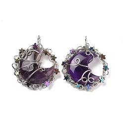 Amethyst Natural Amethyst Big Pendants, with Platinum Tone Rack Plating Brass Findings and Star Non-magnetic Synthetic Hematite, Cadmium Free & Lead Free, Flat Round with Moon Charm, 56~58x42.5~45x10~10.5mm, Hole: 5mm