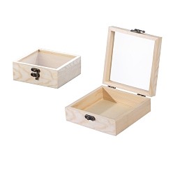 PapayaWhip Wooden Storage Boxes, with Clear Glass Flip Cover & Iron Clasp, Square, PapayaWhip, 12x12x5cm