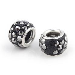 Hematite Polymer Clay Rhinestone European Beads, Large Hole Beads, Rondelle, with Silver Color Plated Brass Cores, Hematite, 10~12x7~8mm, Hole: 5mm
