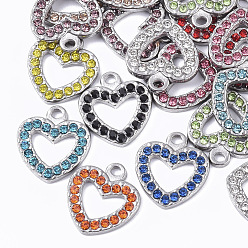 Mixed Color 304 Stainless Steel Pendants, with Rhinestone, Heart, Stainless Steel Color, Mixed Color, 15x14x2mm, Hole: 1.5mm