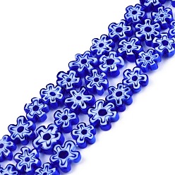 Azul Hilos de perlas de vidrio millefiori artesanal, seno de ciruela, azul, 7~9x7.5~9x2.5~3 mm, agujero: 1 mm, sobre 52~54 unidades / cadena, 15.75 pulgada ~ 15.94 pulgada (40~40.5 cm)