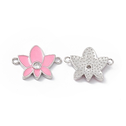 Pearl Pink Rack Plating Brass Pave Clear Cubic Zirconia Connector Charms, Lotus Flower Links, with Enamel, Long-Lasting Plated, Lead Free & Cadmium Free, Platinum, Pearl Pink, 21x16x2.5mm, Hole: 1.8mm