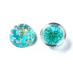 Dark Turquoise Resin Cabochons, Dome, Half Round, with Dried Flower inside, Dark Turquoise, 11.5~12x6~6.5mm