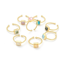 Mixed Color Synthetic Opal Cuff Rings, Open Rings, with Brass Findings, Square, Real 18K Gold Plated, Mixed Color, US Size 5, Inner Diameter: 16mm
