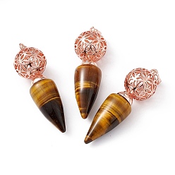 Tiger Eye Natural Tiger Eye Big Pendants, Cone Charms with Rack Plating Brass Hollow Ball, Rose Gold, Cadmium Free & Lead Free, 57~58x17.5~18mm, Hole: 8x5mm