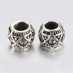 Clear Tibetan Style Alloy Rhinestone European Beads, Large Hole Beads, Barrel, Antique Silver, Clear, 10x8mm, Hole: 5mm