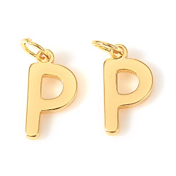 Letter P Brass Charms, with Jump Rings, Letter, Real 18K Gold Plated, Letter.P, P: 10x5.5x1mm, Hole: 2.5mm
