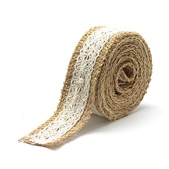Tan Burlap Ribbon, Hessian Ribbon, Jute Ribbon, with Cotton Lace, for Jewelry Making, Tan, 1-1/8 inch(27~28mm), about 2.187yards/roll(2m/roll), 24rolls/bag