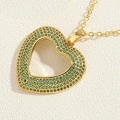 Green Real 14K Gold Plated Brass Cubic Zircon Pendant Necklace for Women, Heart, Green, 17.72 inch(45cm)