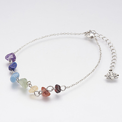 Mixed Stone Chakra Jewelry, Natural Gemstone Chip Anklets, with Brass Chains and Lobster Claw Clasps, 9 inch(230mm)