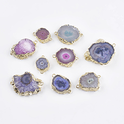 Mixed Color Natural Druzy Agate Links connectors, with Brass Finding, Golden, Mixed Color, 17~29x11.5~26x4~9mm, Hole: 1mm