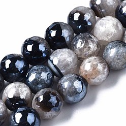 Dark Blue Natural Agate Beads Strands, Pearl Luster Plated, Faceted, Round, Dark Blue, 12mm, Hole: 1.6mm, about 30~33pcs/strand, 13.70~15.75 inch(34.8~40cm)