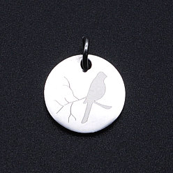 Stainless Steel Color 201 Stainless Steel Charms, with Jump Rings, Flat Round with Bird, Stainless Steel Color, 12x1mm, Hole: 3mm