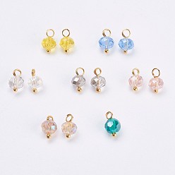 Mixed Color Electroplated Glass Charms, with Brass Findings, Rondelle, Faceted, Golden, Mixed Color, 9.5x5.5~6mm, Hole: 2mm