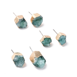 Dark Sea Green Natural Dyed Druzy Quartz Stud Earrings, with Brass Findings, Nuggets, Golden, Dark Sea Green, 3~13x3~13x4~9mm, Pin: 0.7mm