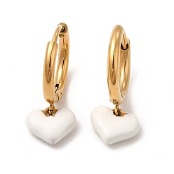 Oro Aretes colgantes de aro con corazón de esmalte blanco, chapado al vacío 304 joyería de acero inoxidable para mujer, dorado, 21 mm, pin: 0.9 mm