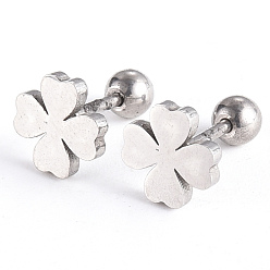 Stainless Steel Color 201 Stainless Steel Barbell Cartilage Earrings, Screw Back Earrings, with 304 Stainless Steel Pins, Four Leaf Clover, Stainless Steel Color, 7.5x7.5x2mm, Pin: 1mm