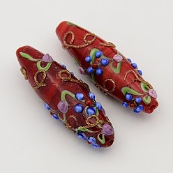 Rouge Fait main bosselées perles de riz de Murano brins, avec motif de fleurs, rouge, 40~45x13~15mm, Trou: 2mm, Environ 7 pcs/chapelet, 12 pouce