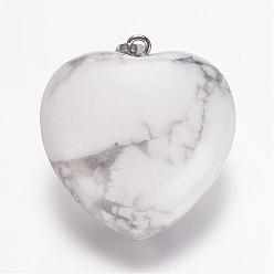Howlite Natural Howlite Gemstone Pendants, Heart, Platinum, 32.5~34x30x12mm, Hole: 5x8mm