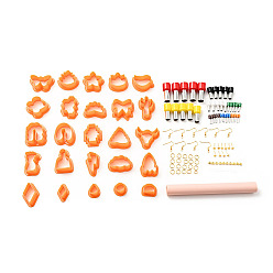 Dark Orange PP Plastic Clay Earring Cutters Set, Iron Earing Hook and Jump Ring, PVC Rolling pin, Ear Nuts, 430 Stainless Steel Hole Puncher, Bakeware Tools, DIY Clay Accessories, Mixed Shape, Man/Cloud/Flower, Dark Orange, Clay Cutter: 22~47x21~47x15mm