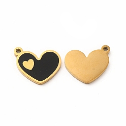 Black Ion Plating(IP) 304 Stainless Steel Enamel Charms, Heart, Black, 13x10x1mm, Hole: 1.2mm