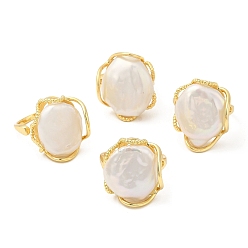 Color de la concha Anillo abierto con perla natural, anillo de latón dorado para mujer, larga duración plateado, color de concha, tamaño de EE. UU. 7 1/4 (17.5 mm)