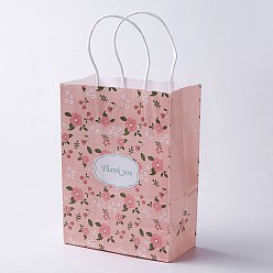 Pink Sacs en papier kraft, avec poignées, sacs-cadeaux, sacs à provisions, rectangle, motif de fleur, rose, 27x21x10 cm