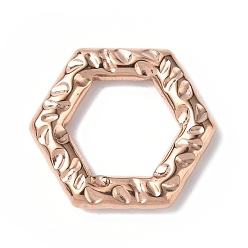 Rose Gold Ion Plating(IP) 304 Stainless Steel Linking Rings, Textured, Hexagon, Rose Gold, 20x22.5x3.5mm, Inner Diameter: 12x13.5mm