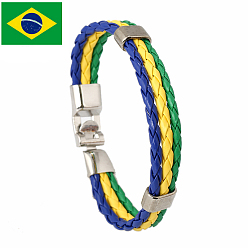 Medium Blue Flag Color Imitation Leather Triple Line Cord Bracelet with Alloy Clasp, Brazil Theme Jewelry for Women, Medium Blue, 8-5/8 inch(22cm)