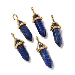 Lapis Lazuli Naturelles lapis-lazuli pendentifs, facette, avec les accessoires en laiton de tonalité d'or, sans plomb et sans cadmium, teint, balle, 27~30x9~10x7~8mm, Trou: 4x3mm