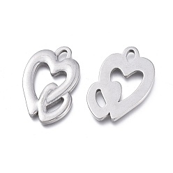 Stainless Steel Color Valentine's Day 304 Stainless Steel Pendants, Heart with Heart, Stainless Steel Color, 30.5x21x3mm, Hole: 4.5x2.8mm