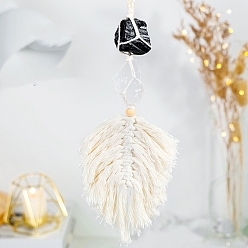 Quartz Crystal Cotton Macrame Pouch Feather Shape Pendant Decorations, with Natural Quartz Crystal & Black Tourmaline Nuggets, 400~450mm